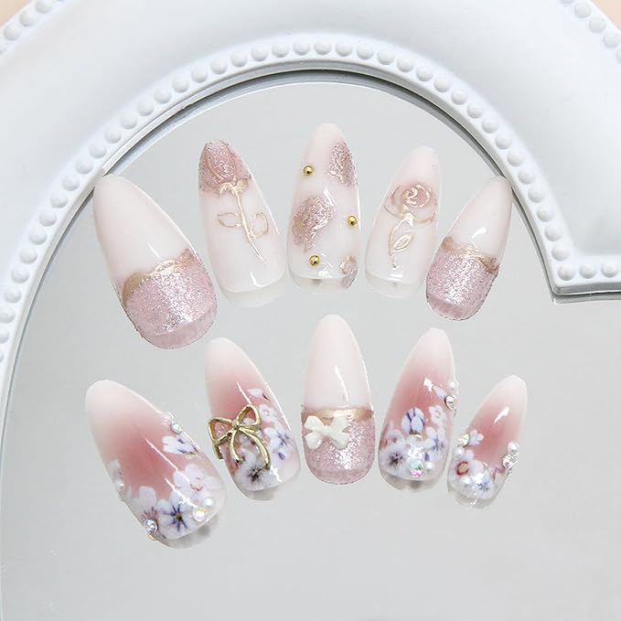 24Pcs Flower Press on Nails Medium Almond Fake Nails with Bow Rhinestones Designs Pink Acrylic Nails Glitter Glue on Nails Cute Floral False Nails Rose Flowers Stick on Nails for Women Nail Supplies