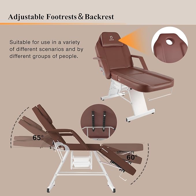 Facial Chair,73 inch Tattoo Chair for Client,3-Section Adjustable Massage Table with Hydraulic Stool, Multipurpose Beauty Beds Salon Equipment for Esthetician, Tattooshop, Spa (Brown)