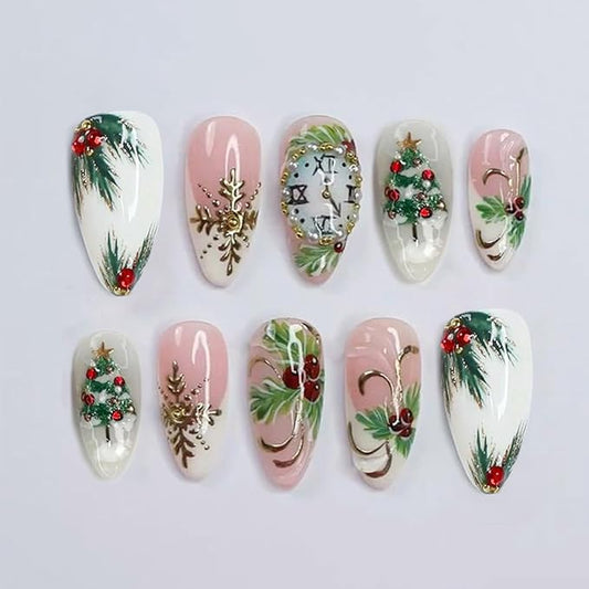 30Pcs Christmas Press on Nails Medium Almond Fake Nails Xmas Tree Holly False Nail Clock with 3D Rhinestones Design Gold Snowflakes White French Tip Glue on Nails for Women DIY New Year Holiday Nail