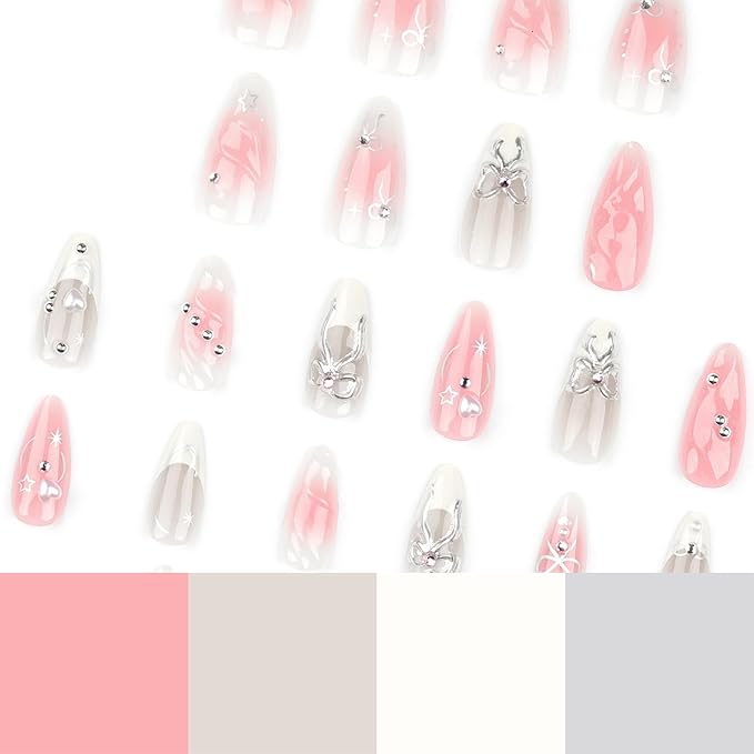 Pink Press on Nails Medium Almond Fake Nails with 3D Silver Bow Bead Pearl Designs White Gradient French Tips Acrylic Nails False Nails Heart Full Cover Glossy Stick on Nails for Women 24Pcs