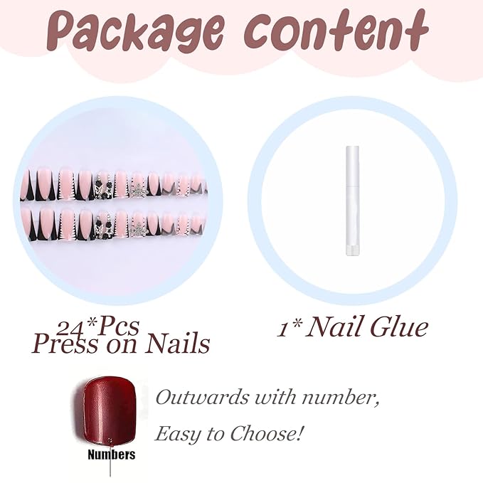 BABALAL Duck Nails Press On Black French Tip Nails 24Pcs Punk Goth Design Acrylic Roses