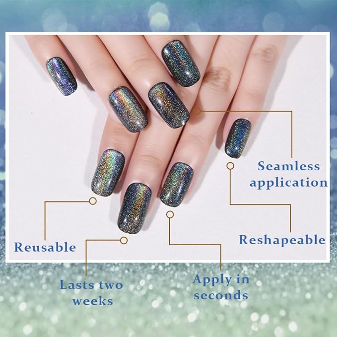 evpct Black Chrome Metallic Cat Eye Press on Nails Square Medium, Glue on Nails Medium Length Square for Women, Black Metallic Nail press ons, Iridescent Glitter Halloween Acrylic Fake Press on Nail