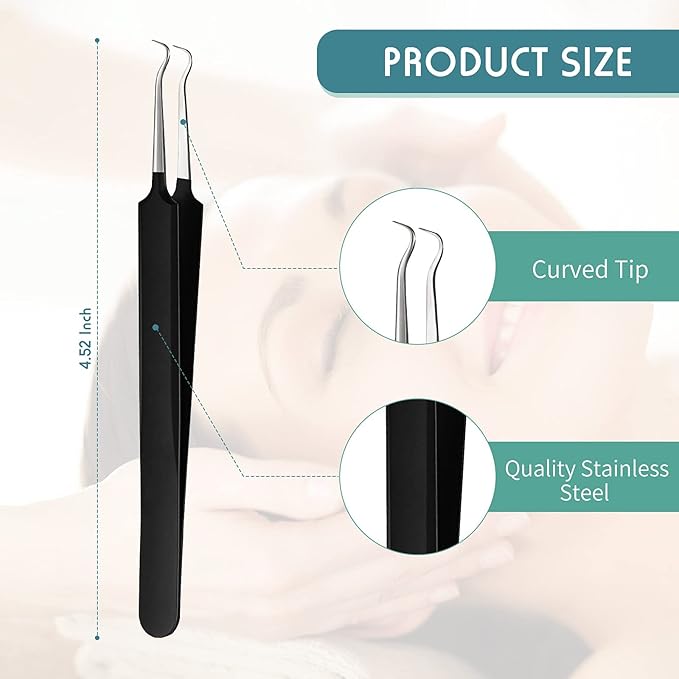 Honoson 3 Pcs Blackhead Tweezer Stainless Steel Pimple Tweezers Extractor Tool for Remove Zit Whitehead Pimple Bend Curved Tweezer Skin Blackhead Remover Tools(Black)