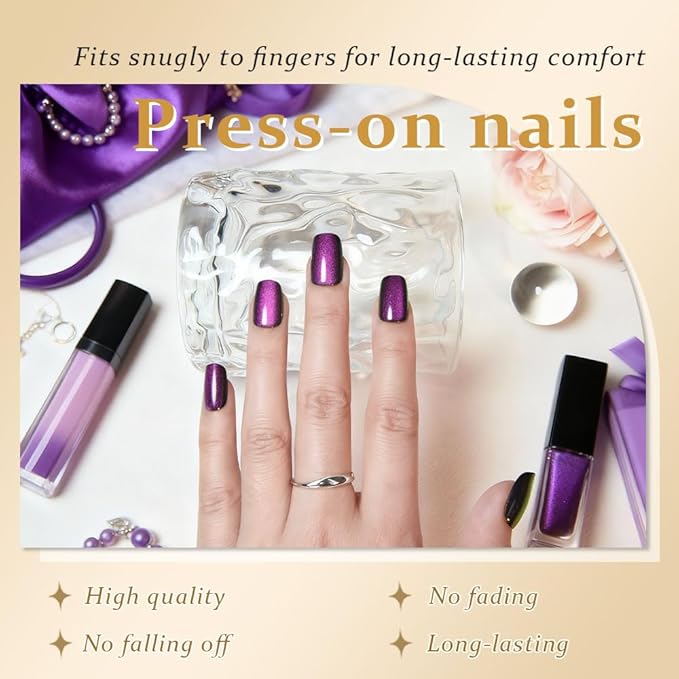 evpct Purple Cat Eye Press on Nails Short Square, Short Square Glue on Fake Nails for Women Gift, Dark Purple Metallic Glitter Glossy Reusable Soft Gel Stick Press on Acrylic False Nail with Designs