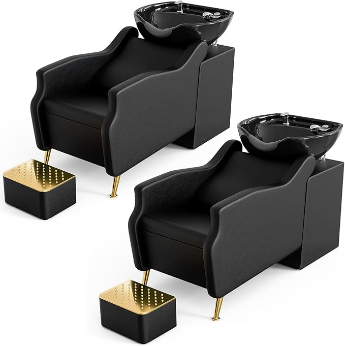 Paddie Shampoo Chair and Bowl Set of 2 for Salon, Backwash Shampoo Station Sink with Ceramic Bowl and Foot Stool, Barbershop Spa Equipment