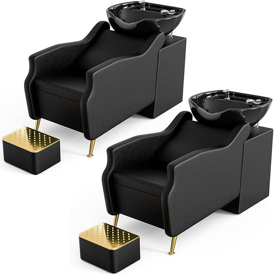 Paddie Shampoo Chair and Bowl Set of 2 for Salon, Backwash Shampoo Station Sink with Ceramic Bowl and Foot Stool, Barbershop Spa Equipment