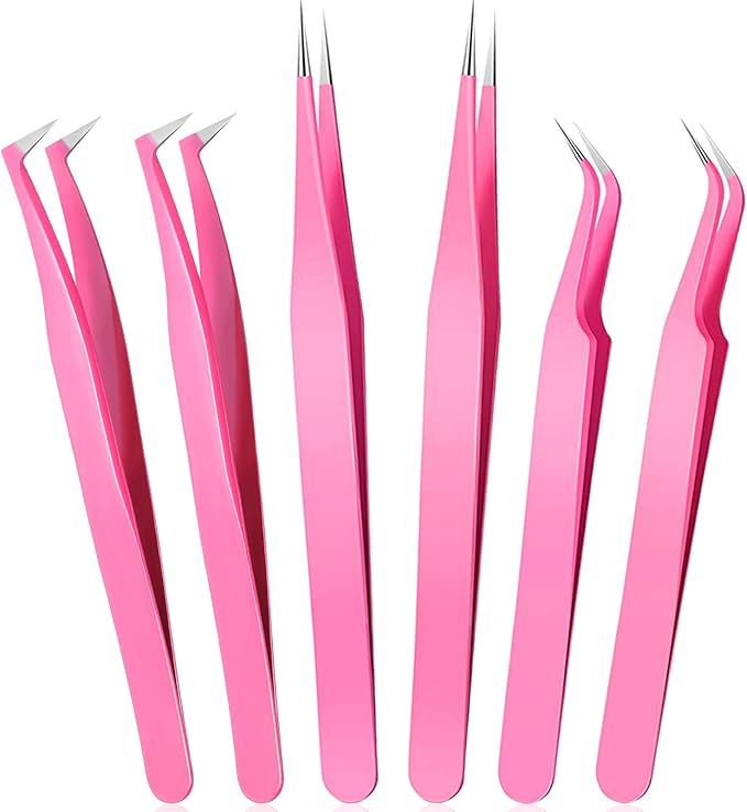 High Precision Lash Tweezers Set 6 Pack Stainless Steel Eyelash Extension Tweezers for Classic, Volume, Mega Volume Lashes, Facial Hair, Eyebrow, Hair Removal, Crafting Making(Pink)