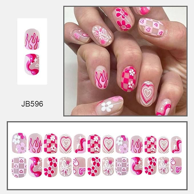 24Pcs Square Press on Nails Short Fake Nails Flame with Heart Flower Butterfly Design Cute False Nails Pink Glue on Nails Glossy Valentines Acrylic Artificial Nails Glossy Stick on Nails for Women