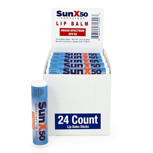 Sun X 50 Lip Balm SPF 50 (Pack of 24) - Lip Sunscreen SPF 50 Water Resistant Up To 80 Minutes and Free Parabens & Oxybenzone - Broad Spectrum (UVA/UVB) Protection