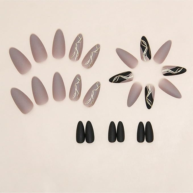 Almond False Nails, Gray, Medium Press on Nails, 24 Pieces, Glossy Finish, Acrylic, for Women Decoration