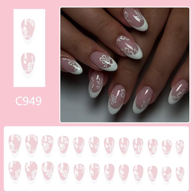 Short Almond Press on Nails Flower Fake Nails White Floral Leaves Design French Tip False Nails Spring Summer Stick on Nail Full Cover Acrylic Glue on Nail Women Manicure Decoration Accessories 24Pcs