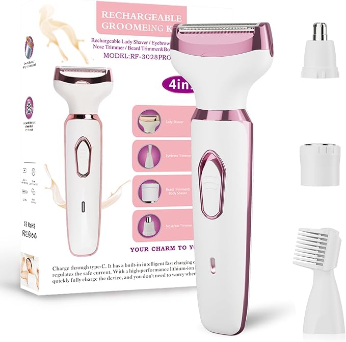 RUIM Electric Razor for Women, 4-in-1 Bikini Trimmer, Waterproof Electric Shaver for Women, Rechargeable Painless Pubic Hair Trimmer