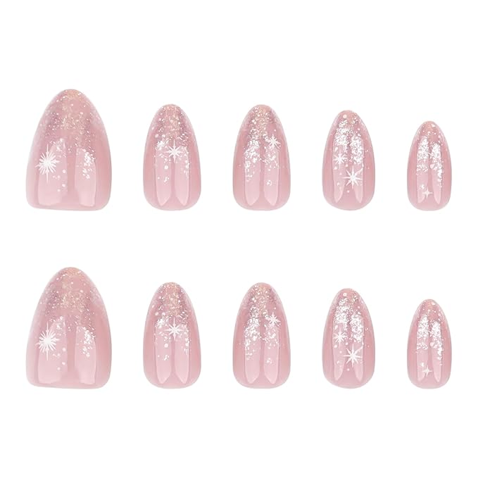 Pink Press on Nails Short Almond, French Fake Nails with Sparkly Silver French Tips and snowflake Designs, Glossy Gel Finish Acrylic Nails, Thick Reusable Glue on Nails Kit for Women, 24Pcs