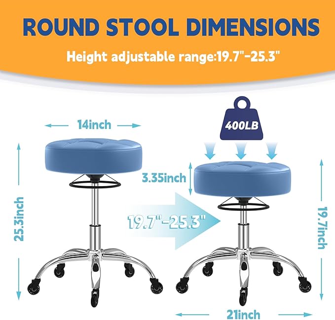 Rolling Stool Heavy Duty 400lb: Super Soft Seat Cushion,360° Swive,Height Adjustability,No Squeaky Noises,No Tip Over,New Upgraded Stool Salon Stool Chair, Tattoo Facial Massage Spa Medical (Blue)