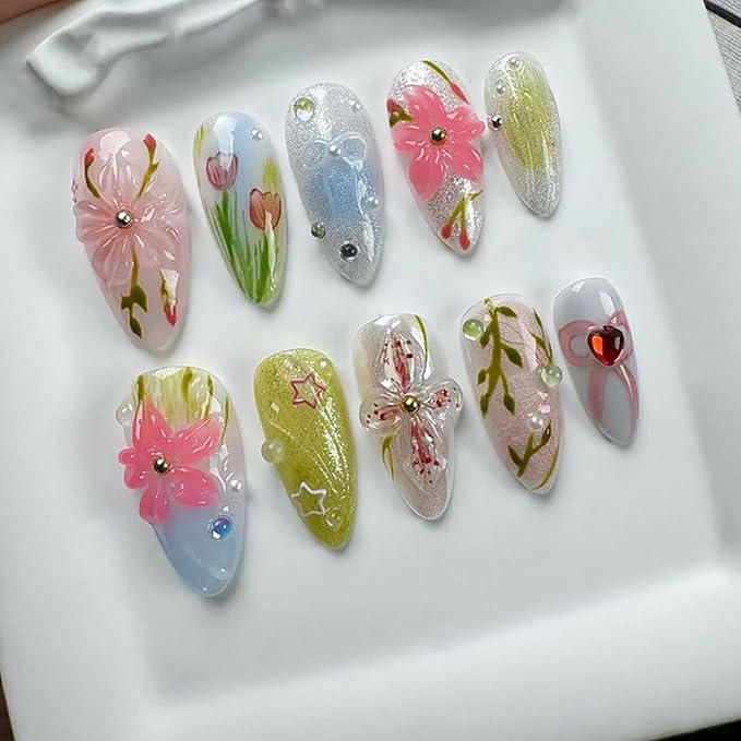30Pcs 3D Flower Press on Nails Medium Almond Fake Nail with Gold Bead Heart Rhinestone Designs Hibiscus Floral Glue on Nails Colorful Acrylic Nail Cute Bow False Nail Summer Stick on Nails for Women
