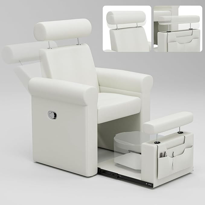 Icoget Professional Pedicure Chair No Plumbing, Reclining Pedicure Station Pipeless with Retractable Base and Adjustable Legrest Used in Salons, Home, Waterproof Foot Spa Chairs, White