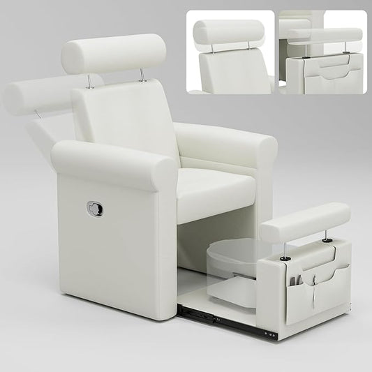 Icoget Professional Pedicure Chair No Plumbing, Reclining Pedicure Station Pipeless with Retractable Base and Adjustable Legrest Used in Salons, Home, Waterproof Foot Spa Chairs, White