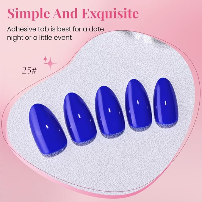 evpct Glossy Press on Nails Short Almond Short for Women, Royal Blue Fake Nail with Glue Salon Quality Reusable Stick on Nails In 15 Sizes 30Pcs Full Cover False Nail Soft Gel Set Kit for Gift, 25