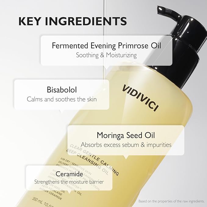 VIDIVICI Clear Gentle Calming Deep Cleansing Oil 10.14 fl.oz | Smooth & Gentle Makeup Remover for Sensitive Skin, Protect Skin Barrier with Ceramide, Korean skin care