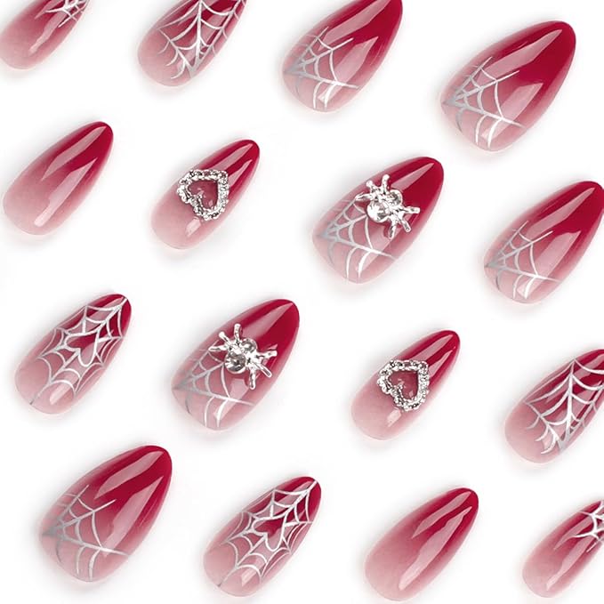 24 Medium Almond Press on Nails Halloween Spider Web Fake Nails Silver Spider Rhinestones with Heart Design Goth False Nails Gradient Red Full Cover Artificial Nails Stick on Nail for Acrylic Manicure
