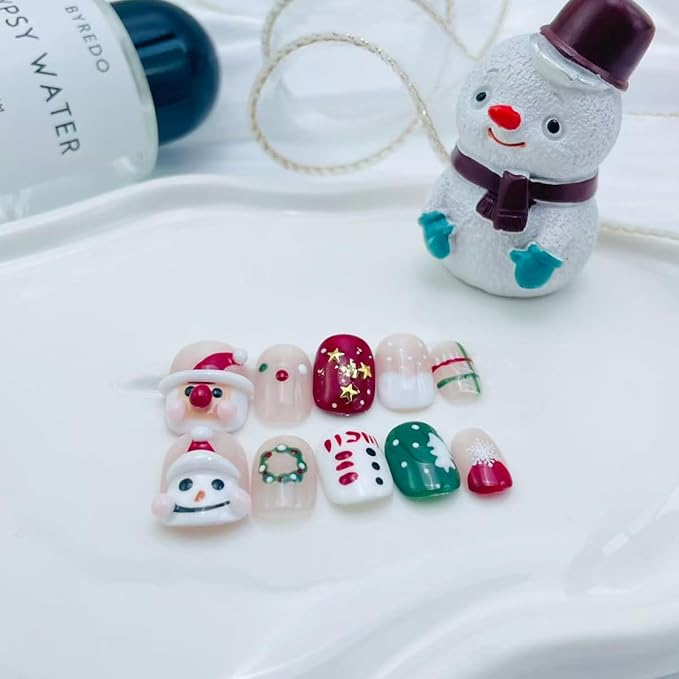 10Pcs Christmas Press on Nails Short Square Cute Fake Nails with 3D Snowman Santa Claus Design Glossy Pink Full Cover Acrylic Nails Winter False Nails Reusable Christmas Stick on Nail for Women DIY