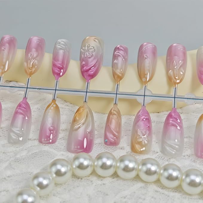 30Pcs Flower Press on Nails Medium Almond Fake Nails 3D Flowers Irregular Lines Rhinestones Designs Full Cover French Tip Glue on Nails Summer False Nails for Women Girls Acrylic Nail Decorations