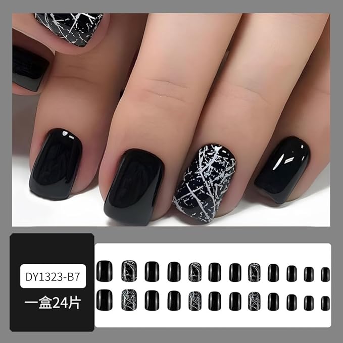 Black Press On Nails - Short Square Glossy Marble Acrylic Squoval Dark False Nails with Designs - Natural Summer Glue On Full Cover Stick On Nails for Women Girls - 24Pcs