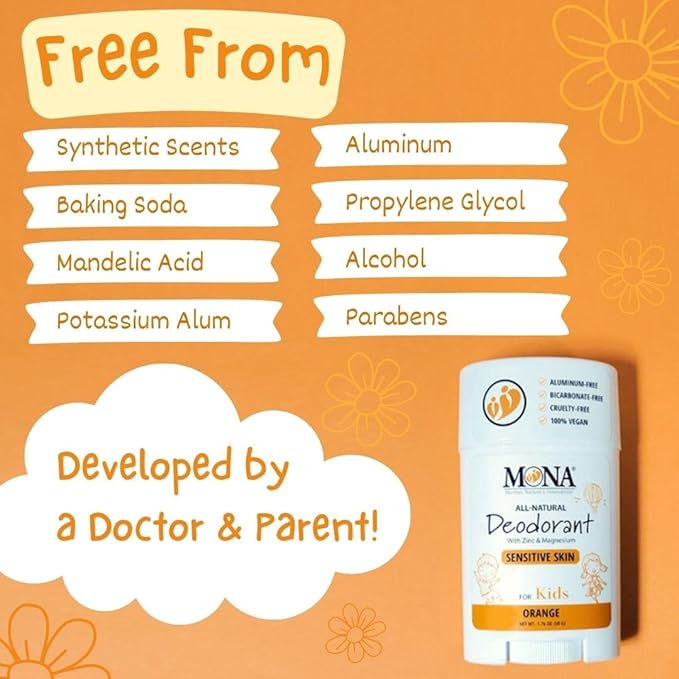 MONA 100% Natural Deodorant for Kids | Safe For Girls & Boys with Sensitive Skin | Baking Soda Free, Aluminum Free | Vegan, Non-GMO, Gluten and Cruelty free (2-PK ORANGE 1.76 Oz each)