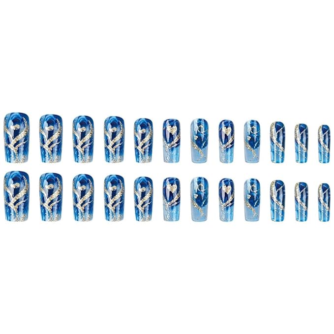 Glitter Heart Press on Nails Medium Square Fake Nails Full Cover Golden Pattern Glue on Nails Black Gradient False Nails with Design Long Acrylic Nails French Stick on Nails for Women Girls 24Pcs