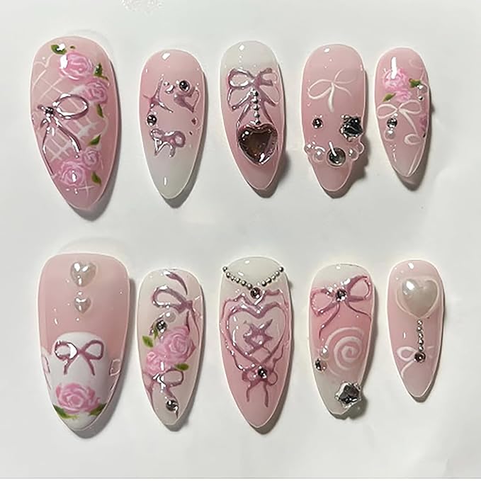 Pink Press on Nails Long Almond Fake Nails Rose Flower Bow with Pearl Design Star Rhinestone False Nails Gradient Stick on Nail Full Cover Acrylic Glue on Nail for Women DIY Salon Manicure Kit