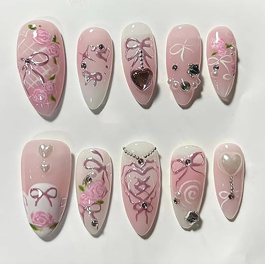Pink Press on Nails Long Almond Fake Nails Rose Flower Bow with Pearl Design Star Rhinestone False Nails Gradient Stick on Nail Full Cover Acrylic Glue on Nail for Women DIY Salon Manicure Kit
