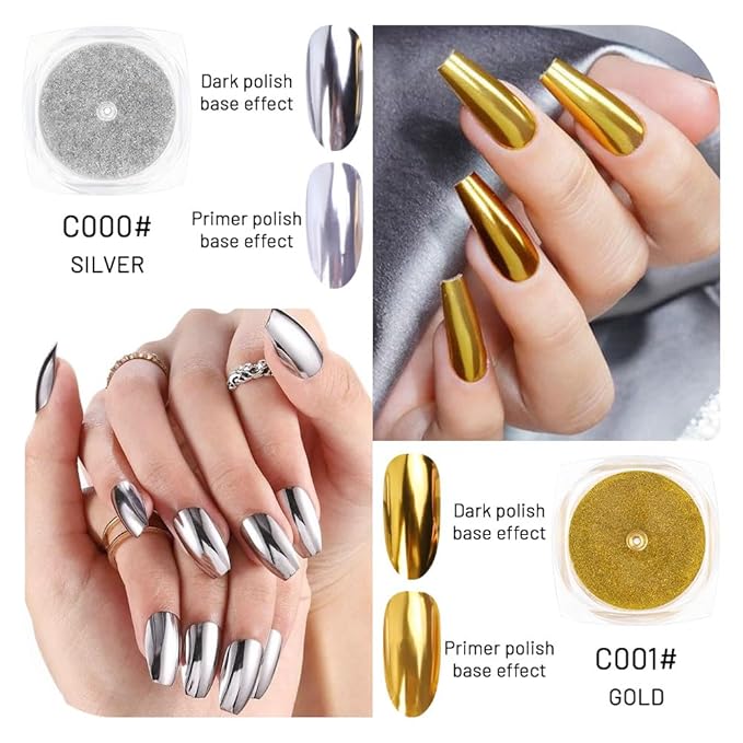 evpct 2Pcs Gold Silver Metallic Mirror Effect Chrome Nail Powder Kit for Nails Polish Rainbow Holographic Iridescent Chameleon Neon Nail Pigment Mirror Chrome Nails Powder for Gel Nails Glitter
