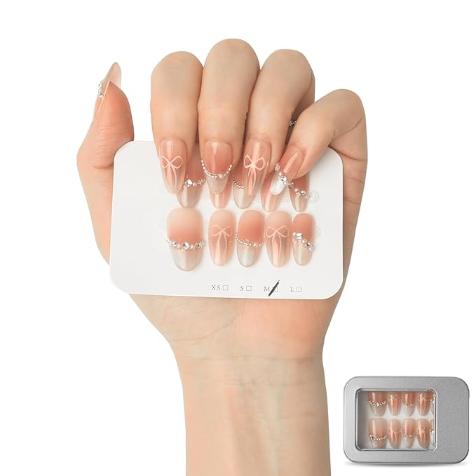 Pink Cat Eye Press On Nails Medium Almond, Handmade Pearl & Rhinestone Glitter French Tip, Gel Acrylic 10pcs Hand-Painted Bow & Heart Design(Elegant Dancer, Size M)