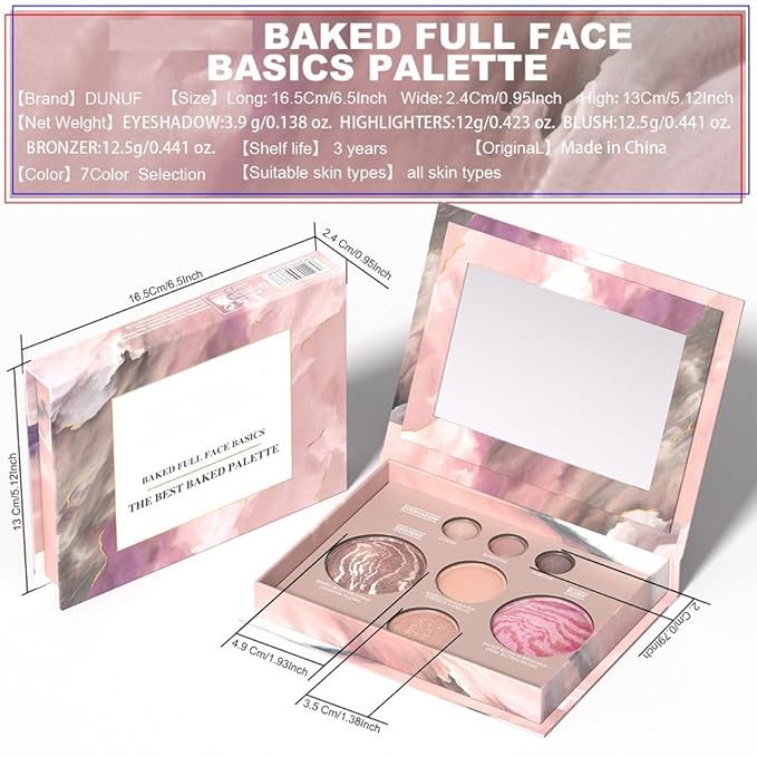 Baked full-face palette, 7-color repair tray, 7-in-1 with eye shadow, highlighter, blush and bronze color, 6.5x0.95 inch. (7-color capacity repairing disk)