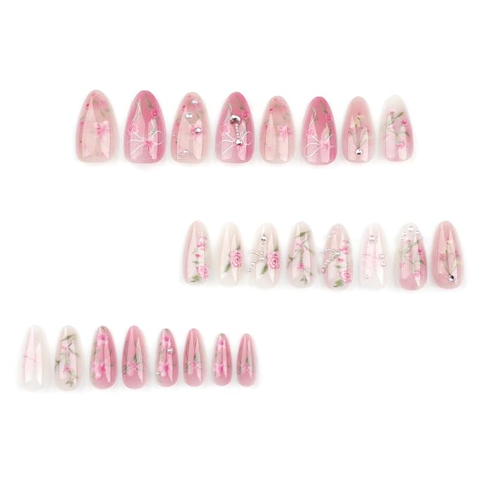 Peach Blossom Press on Nails Short Medium Almond Fake Nails with 3D Pearl Diamond Designs Pink Flower Full Cover Stick on Nails Pink White Gradient Glossy Acrylic False Nails for Women 24Pcs
