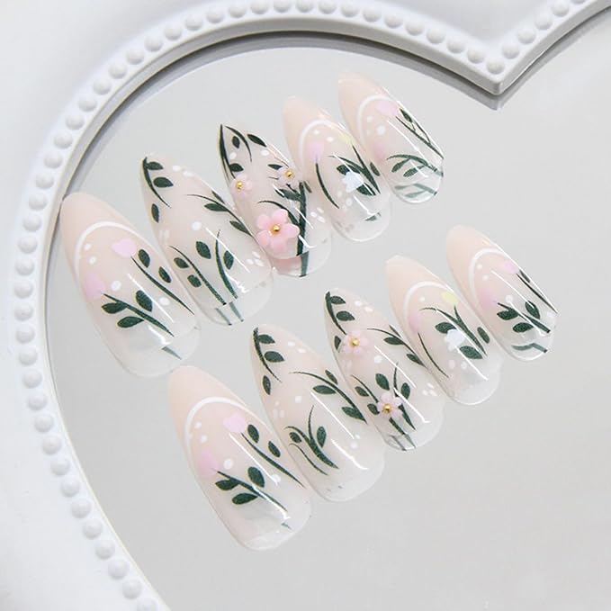 24Pcs Medium Press on Nails Almond Fake Nails with Flower Charms Cute Tulip Floral Leaf Nail Design Glossy Acrylic Nails Artificial Glue on Nails Full Cover Spring Summer Flower False Nails for Women