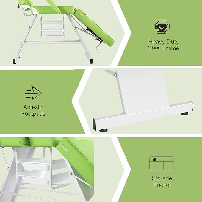 Facial Chair Tattoo Chair Massage Table 73 Inch Spa Salon Facial Bed Adjustable Spa Bed Professional Facial Beauty Spa Salon Equipment with Spa Stool Green