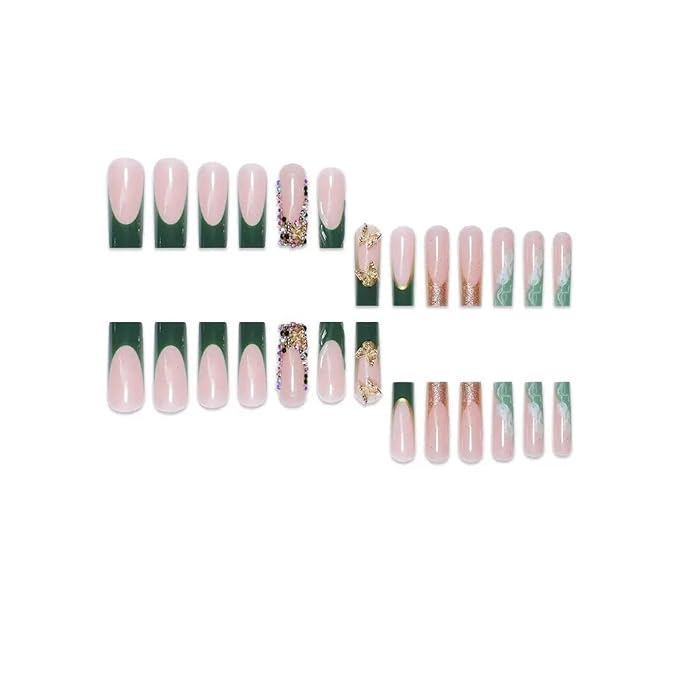 Press on Nails Long Square Green SEENEEY Stick on Nail 24pcs