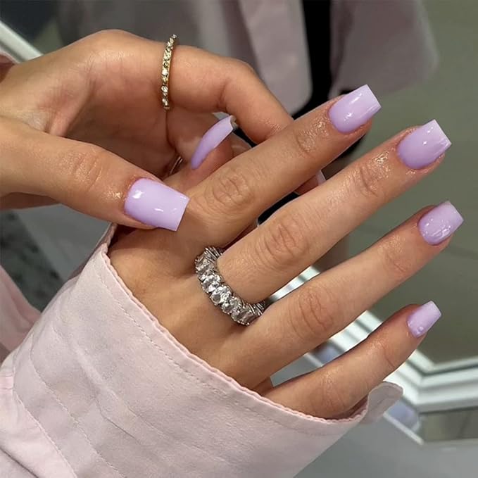 Light Purple Square Press on Nails Short,KQueenest Gel Glue on Nails Press on,Soft Short Fake Nails Set,Pure Stick on Nails for Women,Lilac Acrylic Nails Set,Natural Petite Nails for Daily Manicure