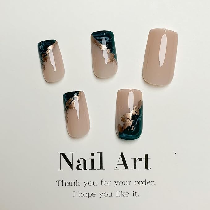 Square Press on Nails Short Acrylic Nails Green Marble Fake Nails with Gold Foil Design Glossy Nude False Nails Full Cover Glue on Nails for Women Girls Nails Decoration 24 Pcs, Style 27