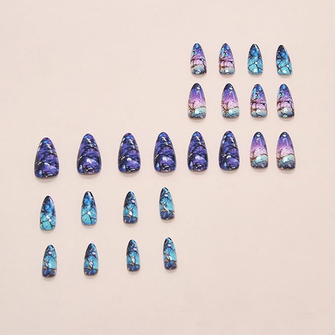 24Pcs Milky Way Press ons Fingernails Starry Sky Press on Nails Glossy Blue Gradient Medium Almond False Nail Curve Gel Glue on Acrylic Fake Nails Purple Ombre Stick on Nail for Holiday Manicure Art