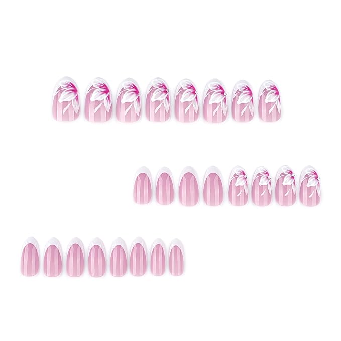 IMRAIN Medium Almond Press on Nails White French Tips Fake Nails with Pink Flower Designs Glossy Gel Glue on Nails Full Cover Spring Floral Acrylic False Nails Stick on Nails for Women 24Pcs
