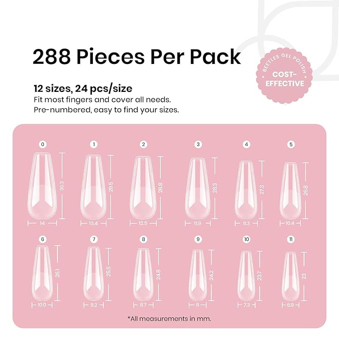 Beetles Coffin Long Gel Nail Tips –Pre-Etched Half Matte Full Cover, 288 Pieces, Pre-Shaped in 12 Sizes for Press-On Extensions