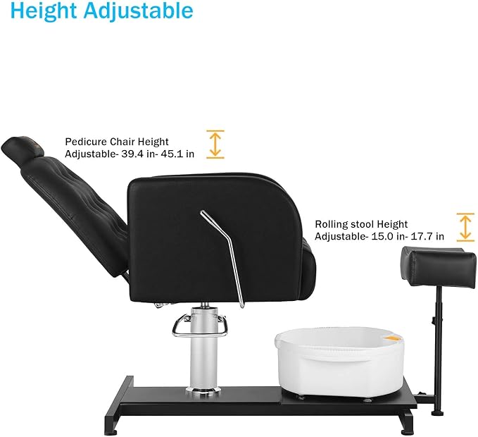 Reclining Pedicure Chair with Foot Massage Basin & Stool, Hydraulic Adjustable Pedicure Chair Station, 360° Rotation Beauty Spa Salon Unit Station Black