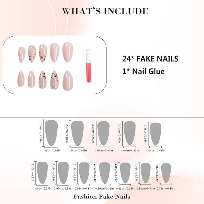 IMRAIN Almond Press on Nails Medium Fake Nails Nude Glossy False Nails Full Cover Glue on Nails with Black Leaf Designs Acrylic Nail Supplies Artificial Stick on Nails for Women 24Pcs