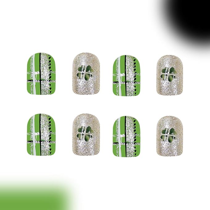 24Pcs St. Patrick's Day Press on Nails Short Square Fake Nails with Four Leaf Clover Glue on Nails Gold Glitter Full Cover False Nails Shamrock Acrylic Nails Irish Stick on Nails Gift for Women