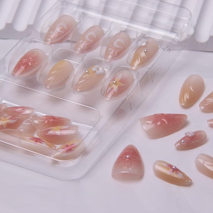 Press on Nails Short Almond Fake Nails 3D Flowers Acrylic Nails Glossy Floral False Nails with Chrome Artificial Nails Full Cover Soft Gel Glue on Nails for Women Girls Manicure Art Decoration