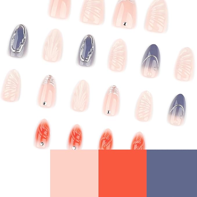 3D Nude Almond Press on Nail Short Fake Nails with Silver French Tip False Nails, 3D Silver Lines Design Artificial Acrylic Nail Press ons Reusable Almond Nail Glue on Nails for Women