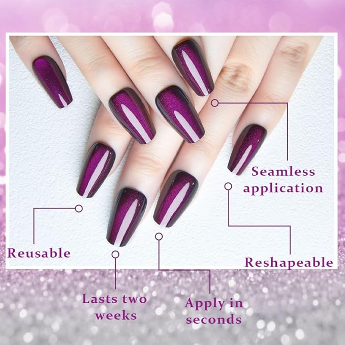 evpct Dark Purple Cat Eye Coffin Press on Nails Square Medium, Medium Square Glue on Nail for Women, Dark Purple Metallic Glitter Glossy Reusable Summer Soft Gel Press on Acrylic Fake Nail with Design