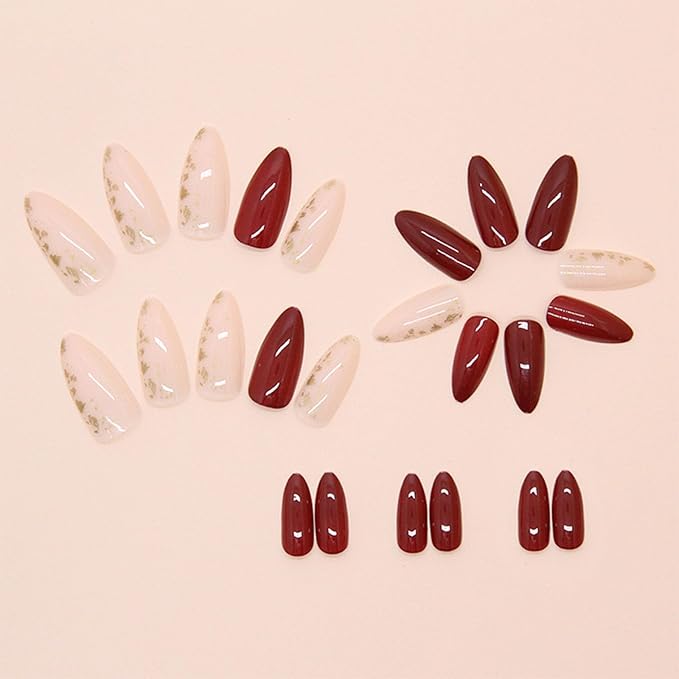 Red Press on Nails Short Almond Fake Nails Wine Red Full Cover Glue on Nails White with Gold Foil Design Acrylic Nails Glossy Stick on Nails for Women 24 Pcs